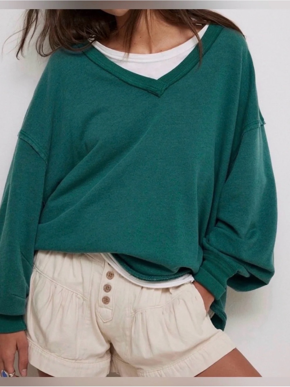 We The Free NWOT Dark Green/Teal V-Neck Distressed Pullover Sweatshirt